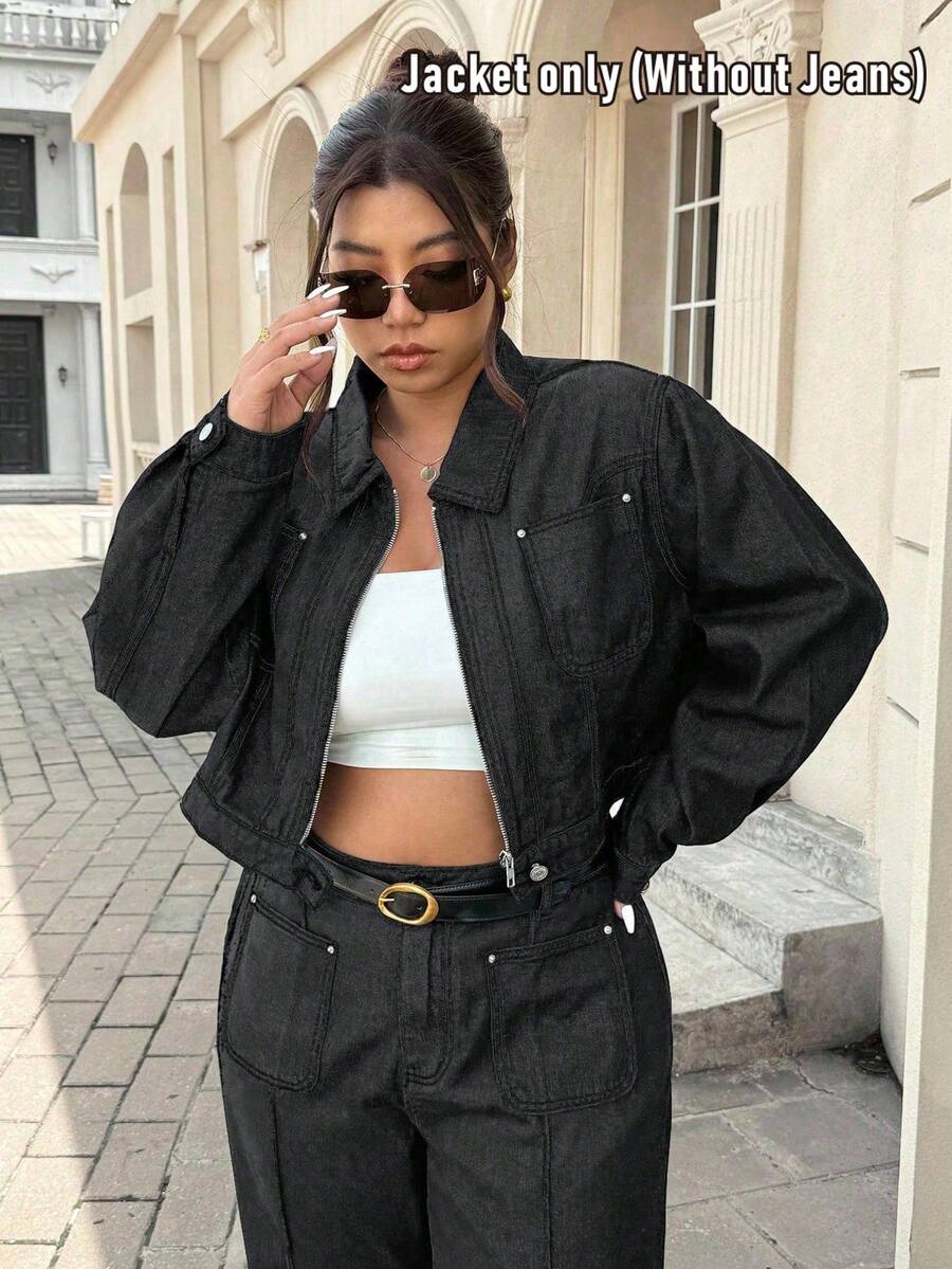 SHEIN ICON جاكيت كاجوال مغسول للنساء ذوات الحجم الكبير - الأسود - مشاهدة 1