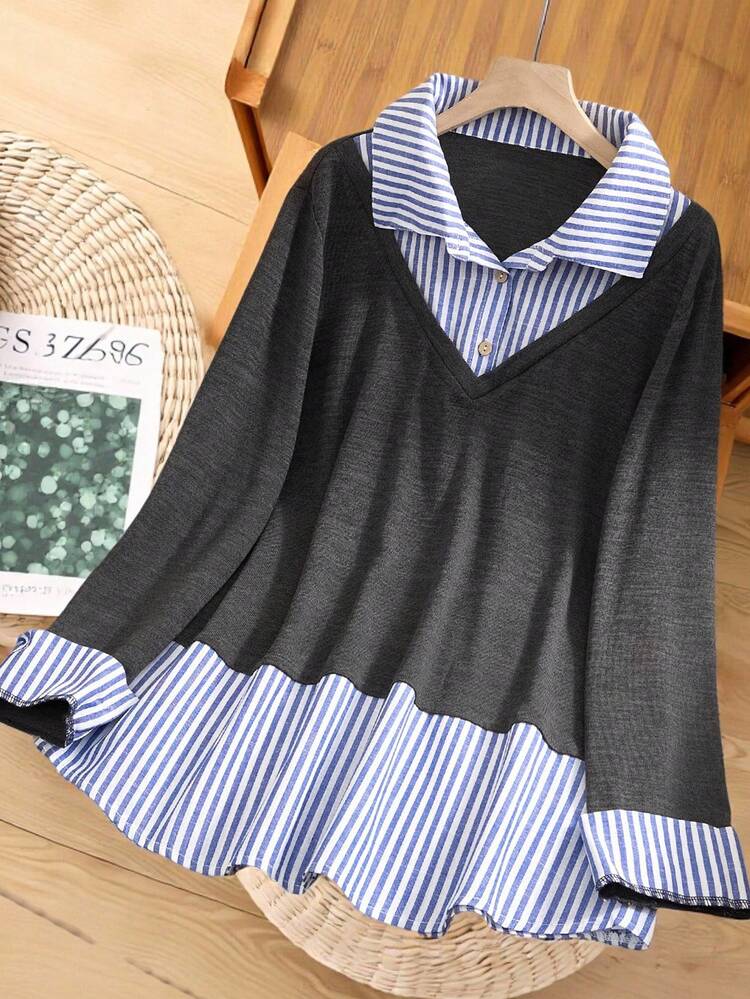 プラスサイズ女性カジュアルストライプパッチワークグレーTシャツトップ、秋冬、外出、2025年新作、シンプルでファッショナブル、デイリー着用、プラスサイズ冬、快適で通気性、女性のクリスマス、新年、女性の感謝祭