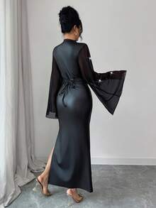 SHEIN Elenzya 女士优雅派对珍珠装饰长袖开衩长裙 - 黑色 - 查看 2