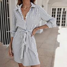 Vestido Cortos Camisero A Rayas Para Mujer Con Cinturón, Vestidos Elegante De Manga Larga - Blanco - Ver 1