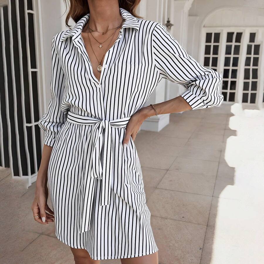 Vestido Cortos Camisero A Rayas Para Mujer Con Cinturón, Vestidos Elegante De Manga Larga - Blanco - Ver 1