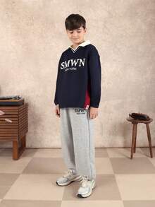 SUMWON Boys Polo Collar Sweatshirt And Jogger Pants Smart Casual Matching Set With New York Logo Design Vacation - Navy Blue - View 1
