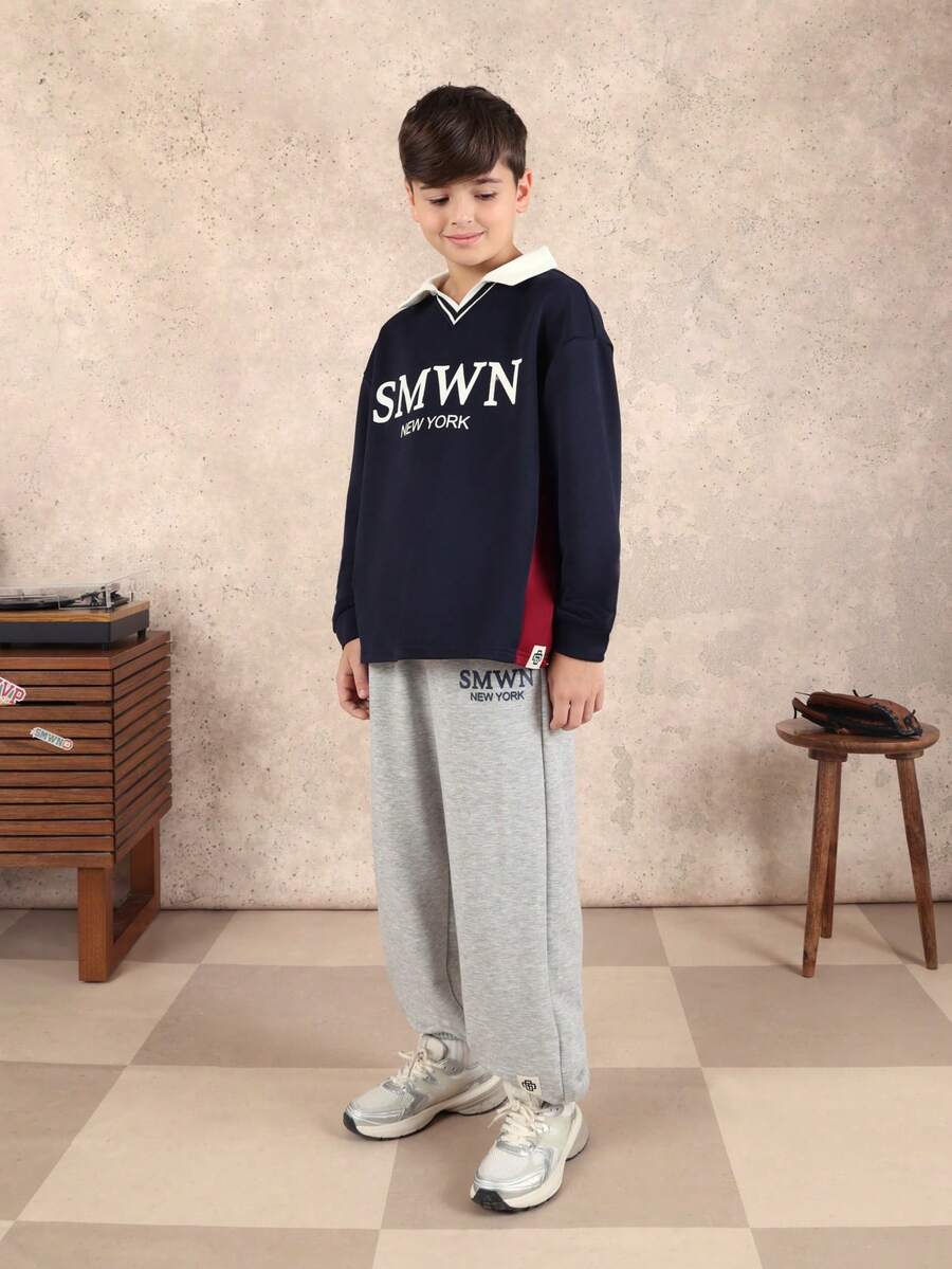 SUMWON Boys Polo Collar Sweatshirt And Jogger Pants Smart Casual Matching Set With New York Logo Design Vacation - Navy Blue - View 1