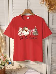 GraphicGems Camiseta de manga corta y cuello redondo para niñas, con estampados navideños de Papá Noel, caramelos, lazos y árboles de Navidad con estampado de leopardo, casual y de moda, adecuada para primavera y verano