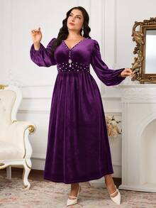 Modelyn Đầm dài tay cổ chữ V đính ngọc trai nhung thời trang cỡ lớn cho nữ - Màu tím - Xem 3