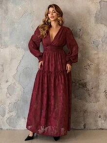 Roveilla Abito lungo elegante in jacquard francese con scollo a V, arricciato, abito da cerimonia in pizzo maxi, abito da cerimonia lungo con maniche a lanterna, abito maxi boho da donna, abito lungo da donna per feste, abito maxi rosso da donna, abito lungo boho per donne