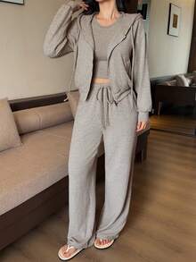 DAZY 三件套运动连帽外套、吊带背心和休闲长裤女士家居服套装 - 杏色 - 查看 6