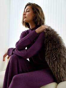 MOTF PREMIUM 纽扣装饰毛衣和针织裤套装 - 紫色 - 查看 10