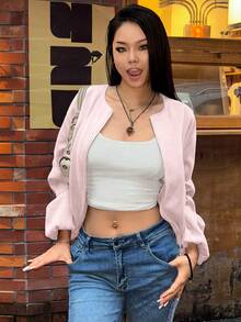 EMERY ROSE Áo khoác ngắn đơn sắc có khóa kéo phía trước, thường ngày, đa năng - Hồng - Xem 3