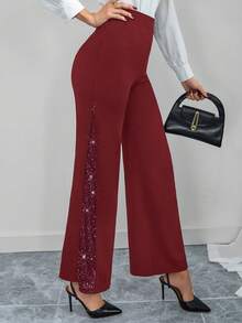 SHEIN Clasi Women's Elegant Mesh & Glitter Splice Black Slim Straight Wide Leg Pants, Suitable For Commuting, Casual Everyday Wear, Spring/Summer,Fall,Fall Clothes For Women,Women's Winter Clothes - Burgundy - View 3