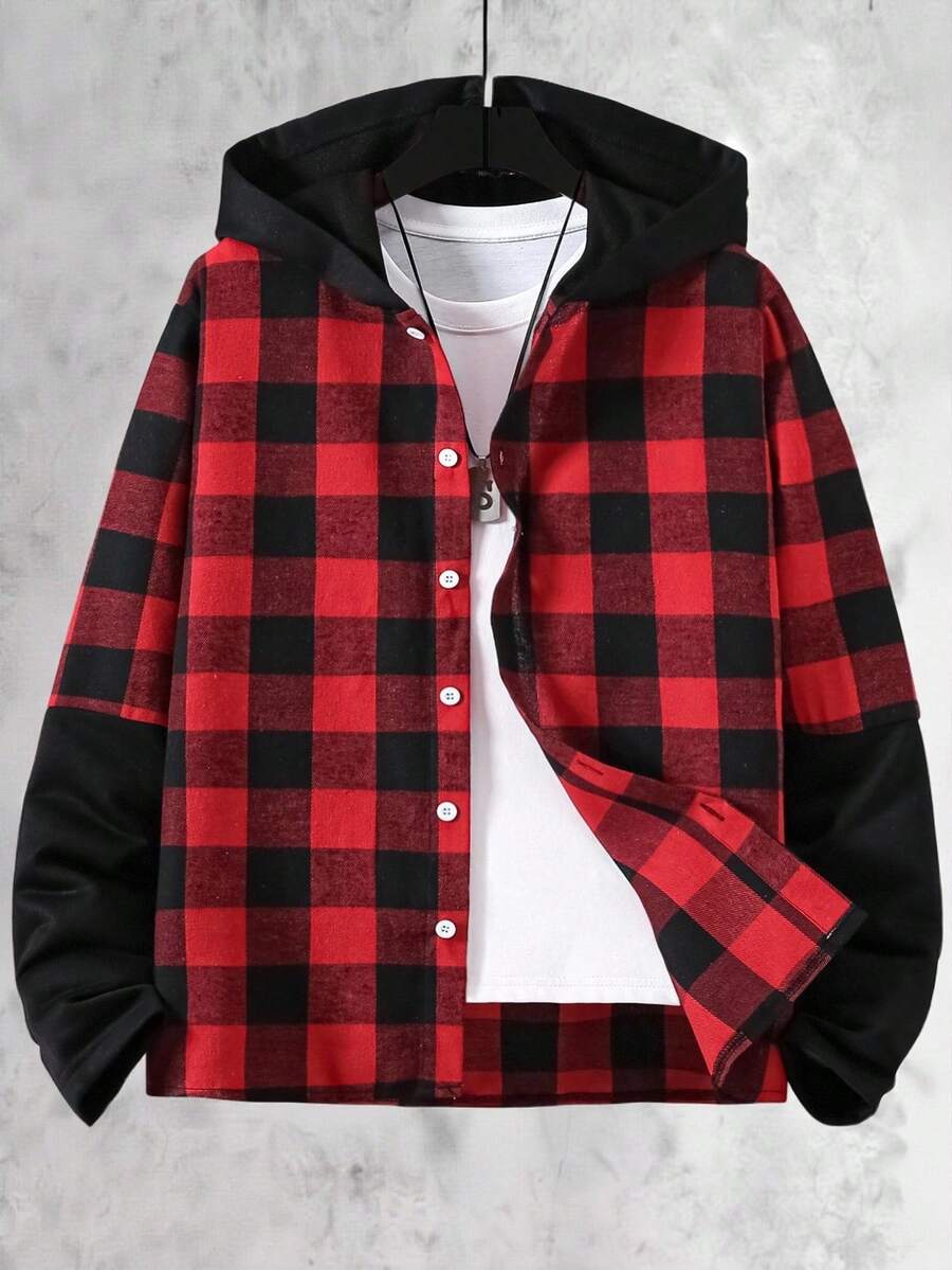 Vacaura 1pc Teenage Boys' Casual Hooded Plaid Shacket With Contrast Sleeve, Suitable For Autumn/Winter Outdoor - Red - View 1