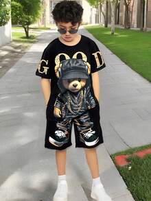 SHEIN Fantacosmos 2 件套青少年男孩熊图案 T 恤和短裤休闲装 - 彩色 - 查看 6