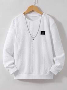 SHEIN 青少年男孩几何贴花圆领休闲长袖运动衫 - 白色 - 查看 8