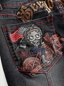 Betty Boop | ROMWE Y2K Babe Cartoon Figure & Motorcycle Embroidery Flare Jeans - Black - View 4