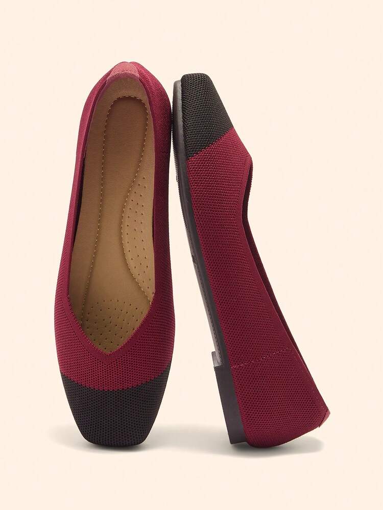 CUCCOO BASICS Women's New French Square Toe Versatile Commuting Minimalist Burgundy Contrast Knit Breathable Comfortable Flat Shoes