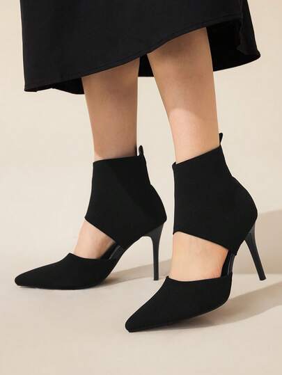 CUCCOO BASICS Women's Fashion Black Knit Material Pointed Toe Stiletto Heel Ankle Boots, Sexy For Date, Party, Formal Occasions For Christmas