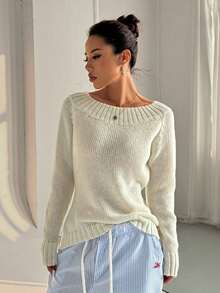 1 pieza Suéter de manga larga de unicolor con cuello asimétrico y hombros oblicuos, de punto, para otoño/invierno - Beis - Ver 6