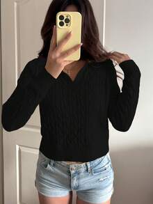 Flirla 女士休闲抽绳长袖针织衫，浅黄色，秋冬款 - 黑色 - 查看 4