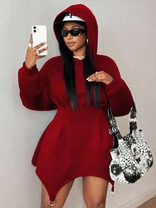 Maweii Women's Elegant Red Hooded Sweatshirt Dress,Plus Size,Wavy Hem Metal Ring Detail, Night Out Club,Autumn Girlism,Holiday Christmas New Year Outfit - Red - View 6