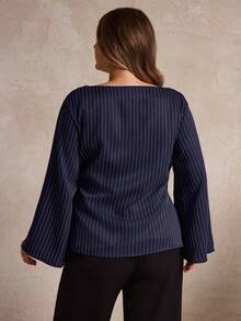 Elegantrix Plus Size Women Striped Tie-Up Flare Sleeve Casual Shirt, Autumn/Winter - Navy Blue - View 5