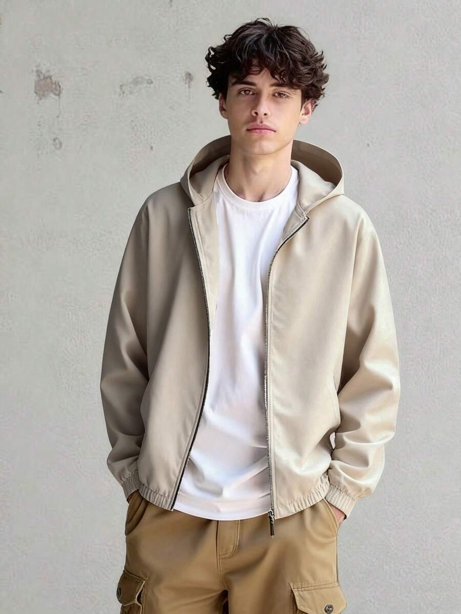 Vacaura 青少年/年轻男士休闲宽松套头连帽夹克，百搭黑色，适合所有季节，初秋 - 杏色 - 查看 1