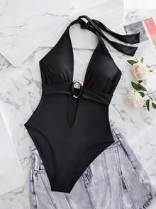 Swim SXY 女士纯色深V领性感连体金属装饰泳衣 - 黑色 - 查看 6
