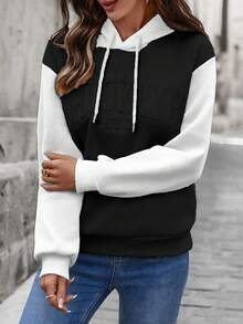 SHEIN LUNE 女士休闲宽松卫衣，饰有3D字母印花 - 黑與白 - 查看 5