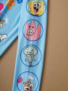 SpongeBob SquarePants | SHEIN Tween Boy Cartoon Pattern Cute Blue Round Neck Long Sleeve T-Shirt - Blue - View 7