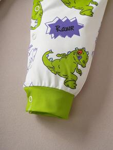 Nick 90s | SHEIN 男婴卡通绿色恐龙可爱图案长袖连体衣，Nick 90s X SHEIN - 白色 - 查看 3