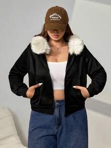 SHEIN EZwear 大码纯色前拉链卫衣，休闲时尚，适合日常穿着，秋冬季 - 黑色 - 查看 6