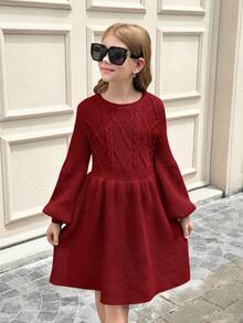 SHEIN 少女休闲/假日拼接A字收腰圆领长袖针织连衣裙，秋冬季红色毛衣连衣裙，返校日常穿着，秋季穿搭，红色连衣裙 - 酒紅色 - 查看 7