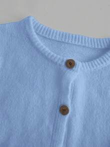 SHEIN BASICS 女士纯色落肩圆领长袖前开襟针织开衫，适合夏季穿着 - 淺藍色 - 查看 4