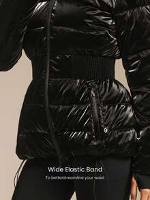 GLOWMODE VelvetShine Soft Lightweight Glossy Warm Water-Repellent Wide Elastic Waistband Adjustable Drawstring Hem Hood Down-Proof Slim-Fit Hooded Full-Zip Puffer Jacket Autumn Winter Outdoor Daily Casual - Black - View 6