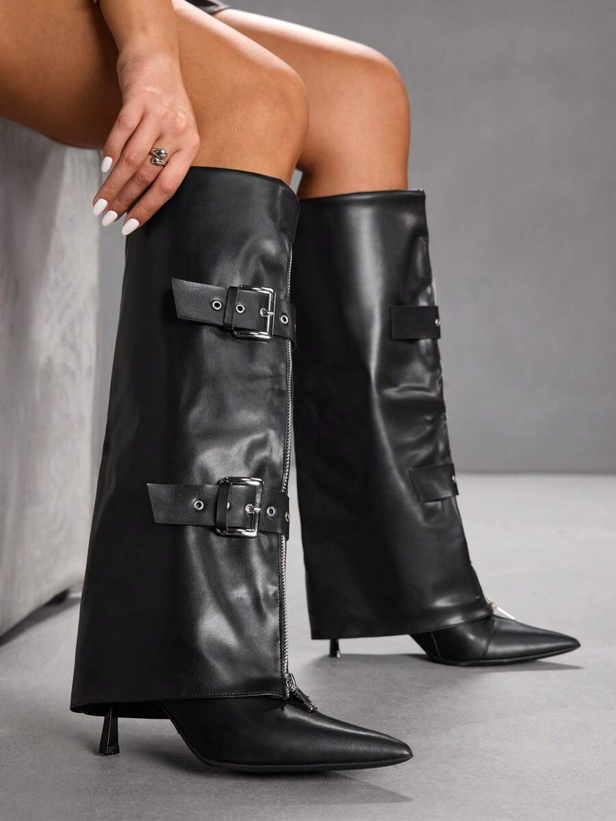 CUCCOO SZL 女士时尚尖头过膝高跟靴 - 黑色 - 查看 1