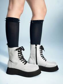 Sugerpunk Seksowne, modne, błyszczące, okrągłe botki na platformie, w stylu punk, z kryształkami, zapinane na zamek z boku, sznurowane, odpowiednie na imprezę, dojazdy do pracy i jazdę konną - Srebro - Zobacz 5