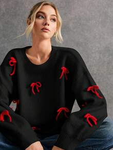 Poéselle 紅色蝴蝶結可愛風女款套頭毛衣，適合秋季與冬季穿著 - 黑色 - 查看 3