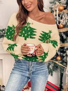 Chiquease Áo len chui đầu dáng rộng tay dài in hình cây thông Noel chéo vai cho nữ - Màu be - Xem 4