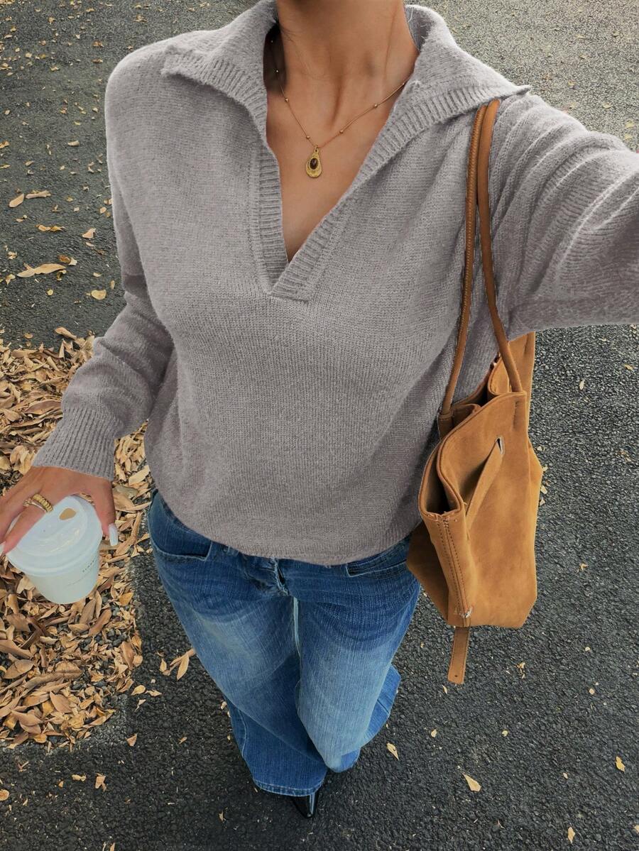 Flirla Women's Solid Color Half-Zip Drop Shoulder Casual Knit Pullover Sweater - Light Grey - View 1