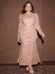 Anewsta Plus Size Women's Fitted Lace Beaded Floral Dress, Pink, Spring/Summer