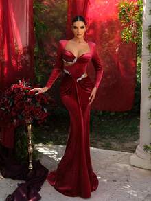 Glamrae Váy đuôi cá dài tay ôm vai vuông bằng vải Angora sang trọng thanh lịch, viền cắt kim cương giả thủ công cao cấp, viền đuôi cá xếp ly, thích hợp cho các buổi dạ tiệc, sự kiện kinh doanh, tiệc trà riêng tư, sinh nhật, ngày lễ, đám cưới và các dịp trang trọng - Đỏ - Xem 1