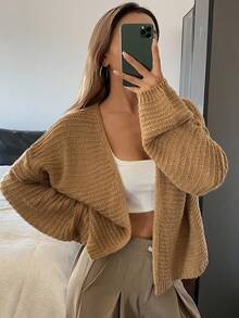 DAZY كارديجان محبوك أنيق بأكمام طويلة وفضفاض بلون واحد، خريف/شتاء - كاكي - مشاهدة 1