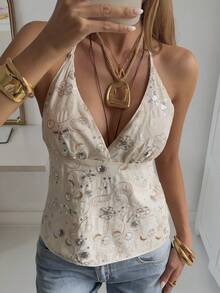 DAZY 女士夏季纹理露背系带休闲度假风吊带背心 Y2K 外出上衣 - 杏色 - 查看 1