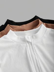 SHEIN Girlism 少女纯色白色米色黑色三件套休闲拉链高领罗纹长袖T恤套装，适合秋冬季节，日常休闲穿着，非常适合休闲、日常穿着和上学穿着。 - 彩色 - 查看 10