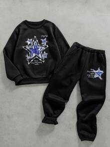Coolqubz 2件套青少年圆领仿牛仔星星印花休闲运动衫和运动裤套装，美式街头风格，秋冬 - 黑色 - 查看 1
