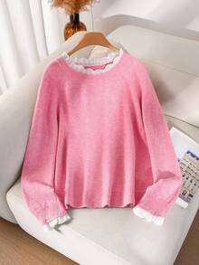 CosyJoli Plus Size Casual Lace Splice Round Neck Pullover Pink Mesh Sweater,Fall Clothes For Women Autumn