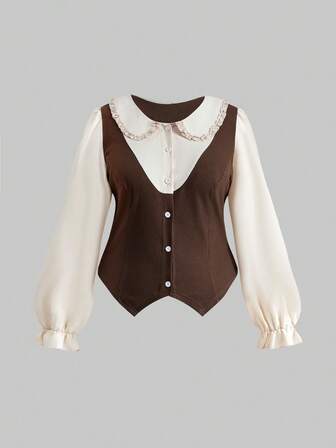 Fairycore قميص نسائي كبير الحجم من الدانتيل والرقعة مع طوق منقلب 2 في 1