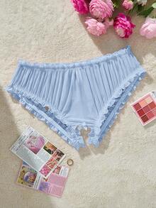 SHEIN Lencería de talla grande, linda y dulce, con volantes multicapa y sin entrepierna, con moño - Azul - Ver 2