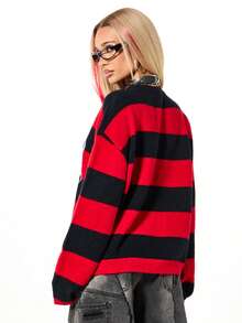 SUMWON WOMEN Suéter de cuello redondo oversize con estampado gráfico a rayas para mujer, de manga larga, de punto, para otoño e invierno - Multicolor - Ver 2