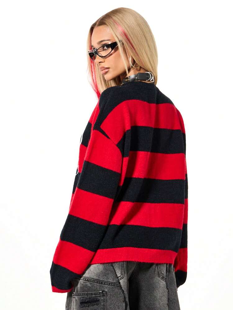 SUMWON Women's Oversized Crew Neck Striped Graphic Print Sweater Long Sleeve Knit Fall Winter Pullover