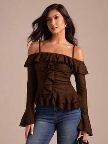 2026 Blusa con volantes y hombros descubiertos de moda para mujer - Marrón - Ver 7
